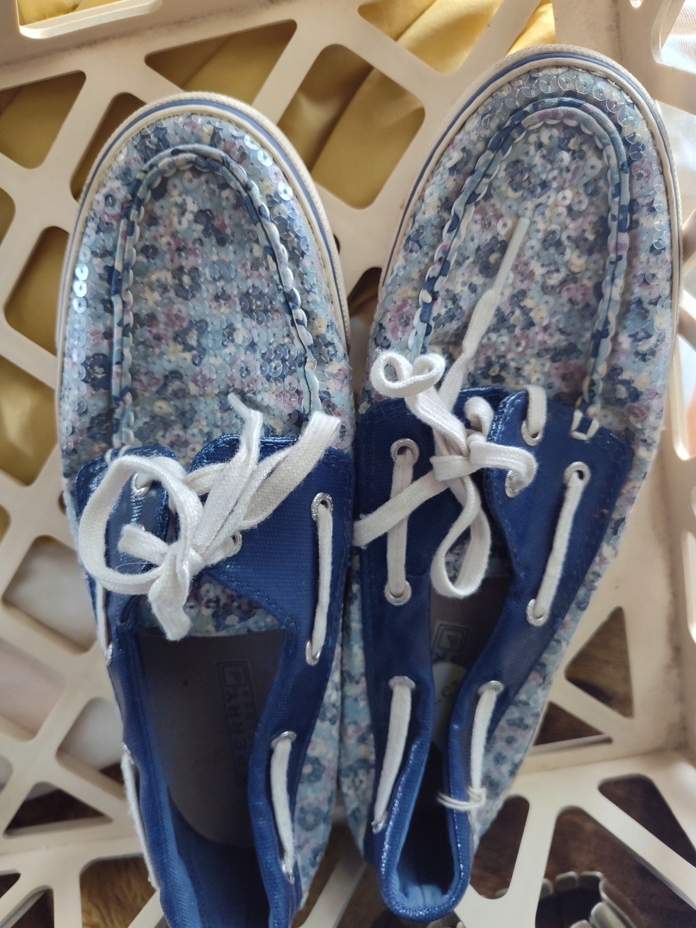 Sperry Navy Blue Sequin Floral Canvas Boat Shoes